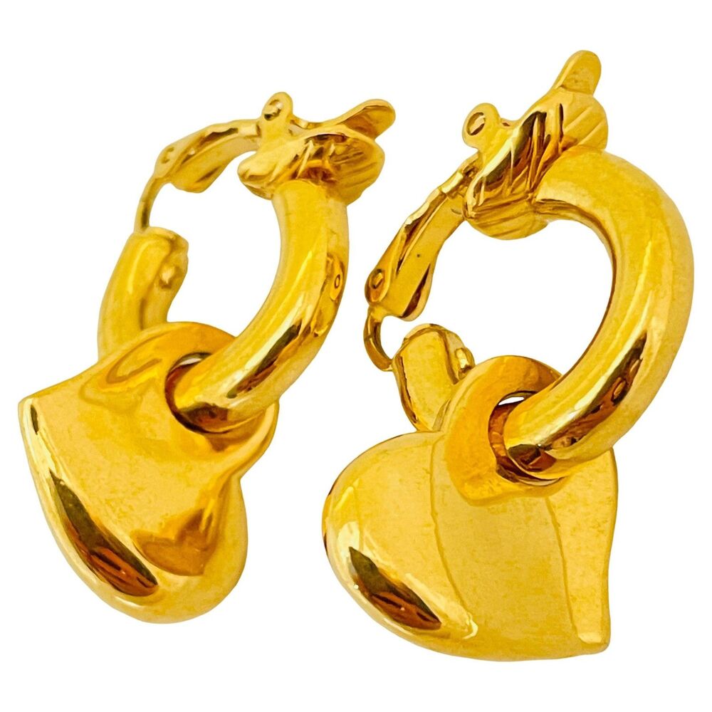 MARVELLA signed vintage gold tone dangle hearts designer clip on earrings